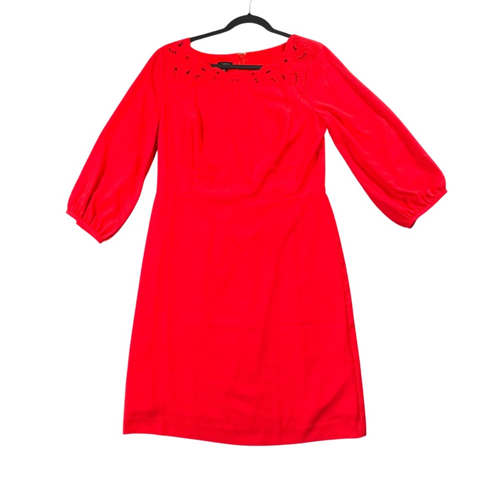 Talbots Red Sheath Dress Eyelet Neckline 3/4 Balloon Sleeve Women's‎ 10